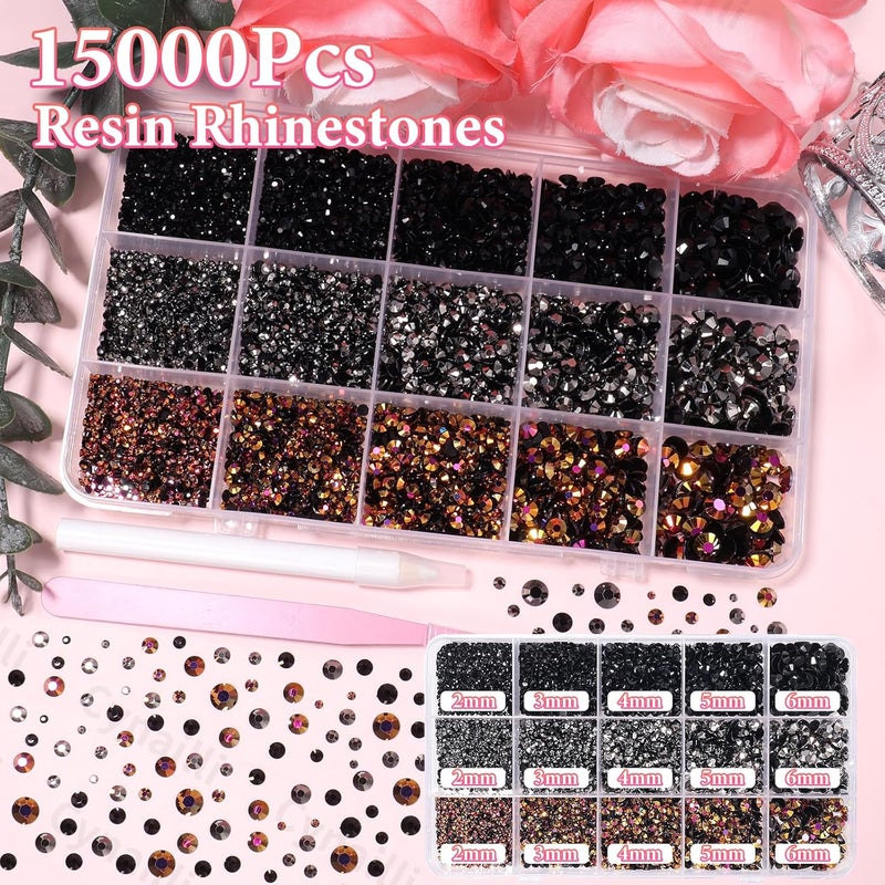 Cynailli 15000 Pcs Resin Rhinestones for Crafts, Black Gold Brown Flatback Resin Rhinestones for Bedazzling Gems 2/3/4/5/6mm Flatback Gems Jewels for DIY Mugs Tumblers Bottles Clothing Shoes Nail Art - Image 3